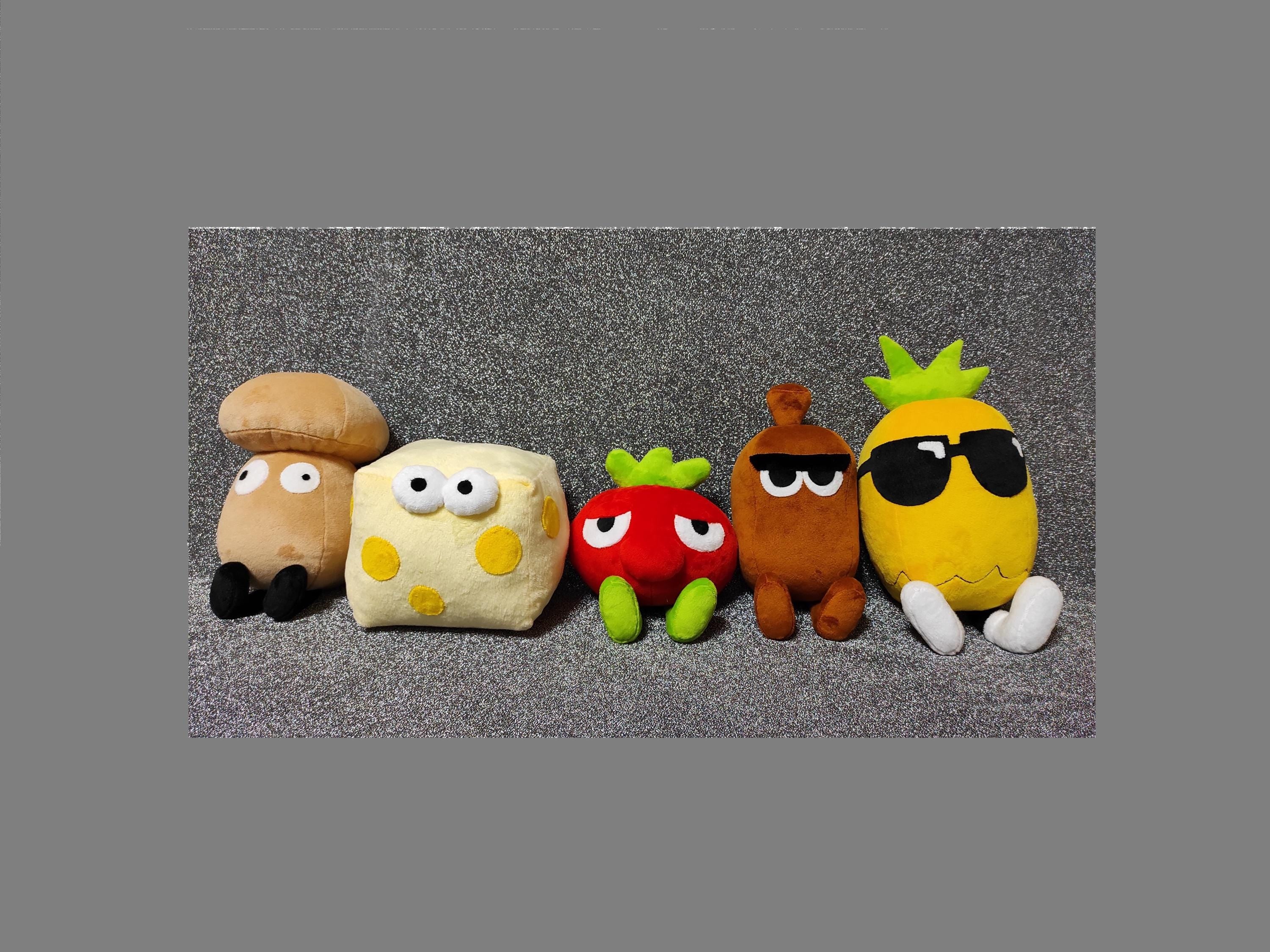 Toppins from Pizza Tower - five plush toys, 8 to 5 inches (20 to 13 cm) tall. Exact dimensions in the product description.