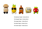 Toppins from Pizza Tower - five plush toys, 8 to 5 inches (20 to 13 cm) tall. Exact dimensions in the product description.