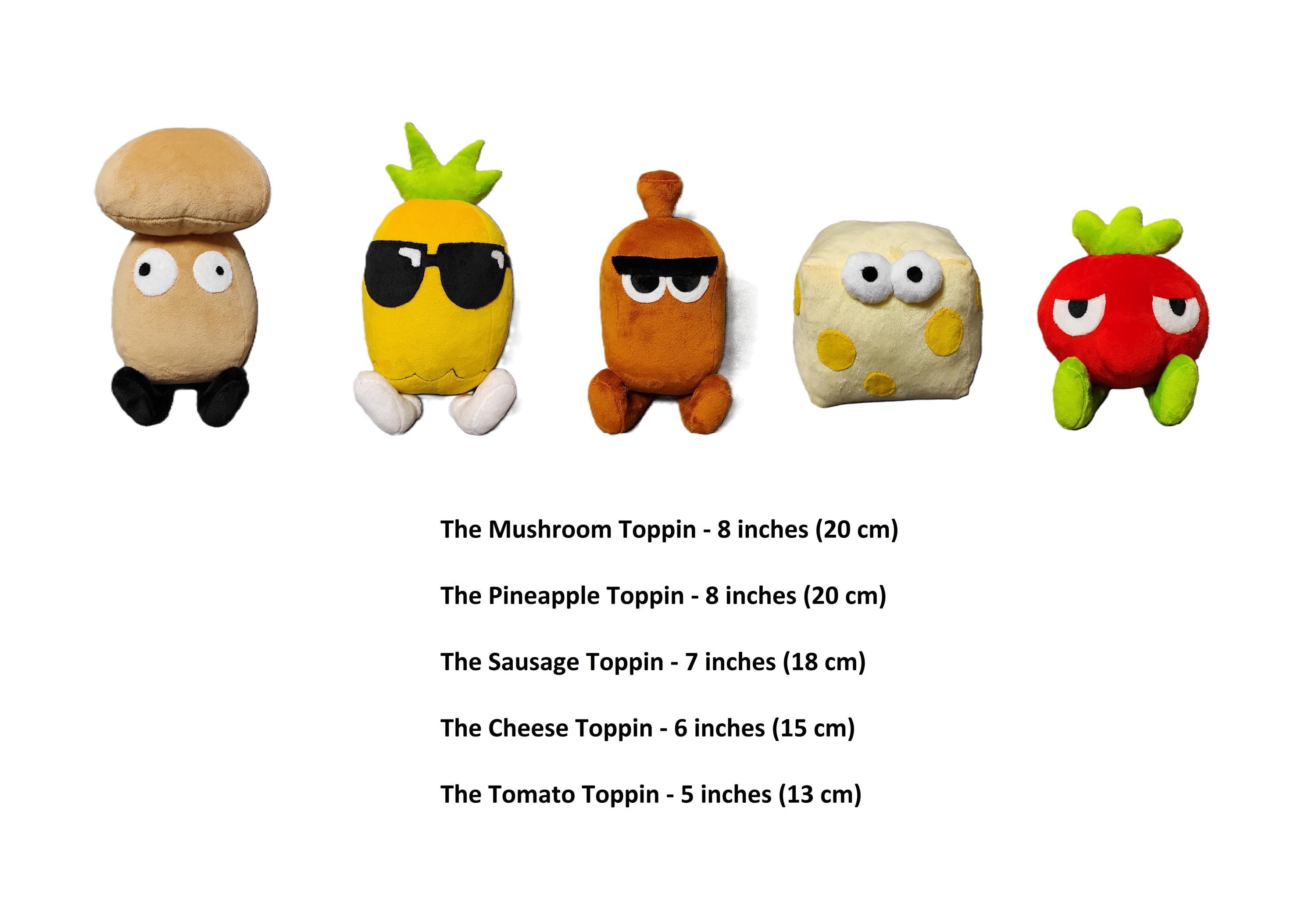 Toppins from Pizza Tower - five plush toys, 8 to 5 inches (20 to 13 cm) tall. Exact dimensions in the product description.