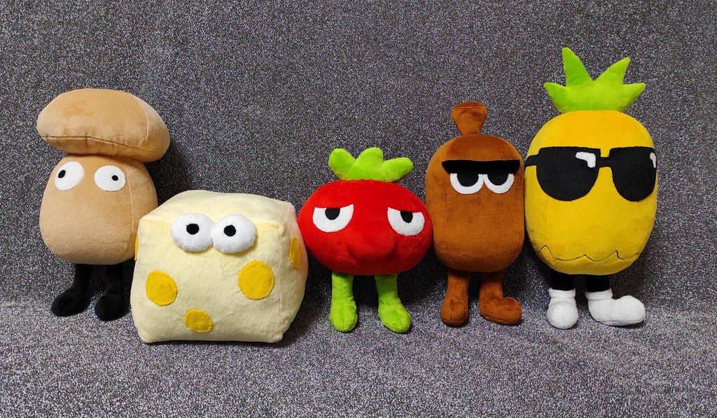 Toppins from Pizza Tower - five plush toys, 8 to 5 inches (20 to 13 cm) tall. Exact dimensions in the product description.