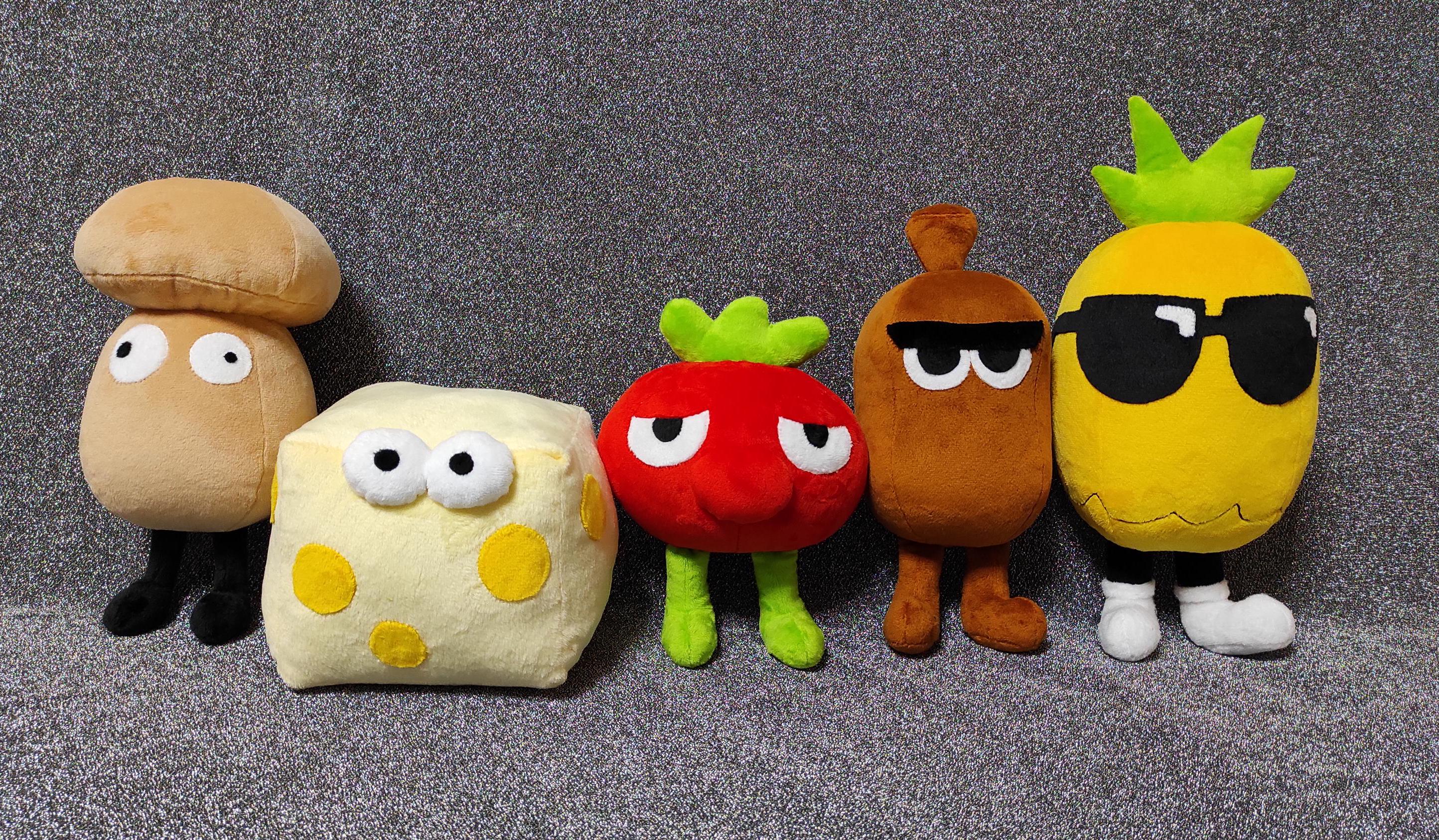 Toppins from Pizza Tower - five plush toys, 8 to 5 inches (20 to 13 cm) tall. Exact dimensions in the product description.
